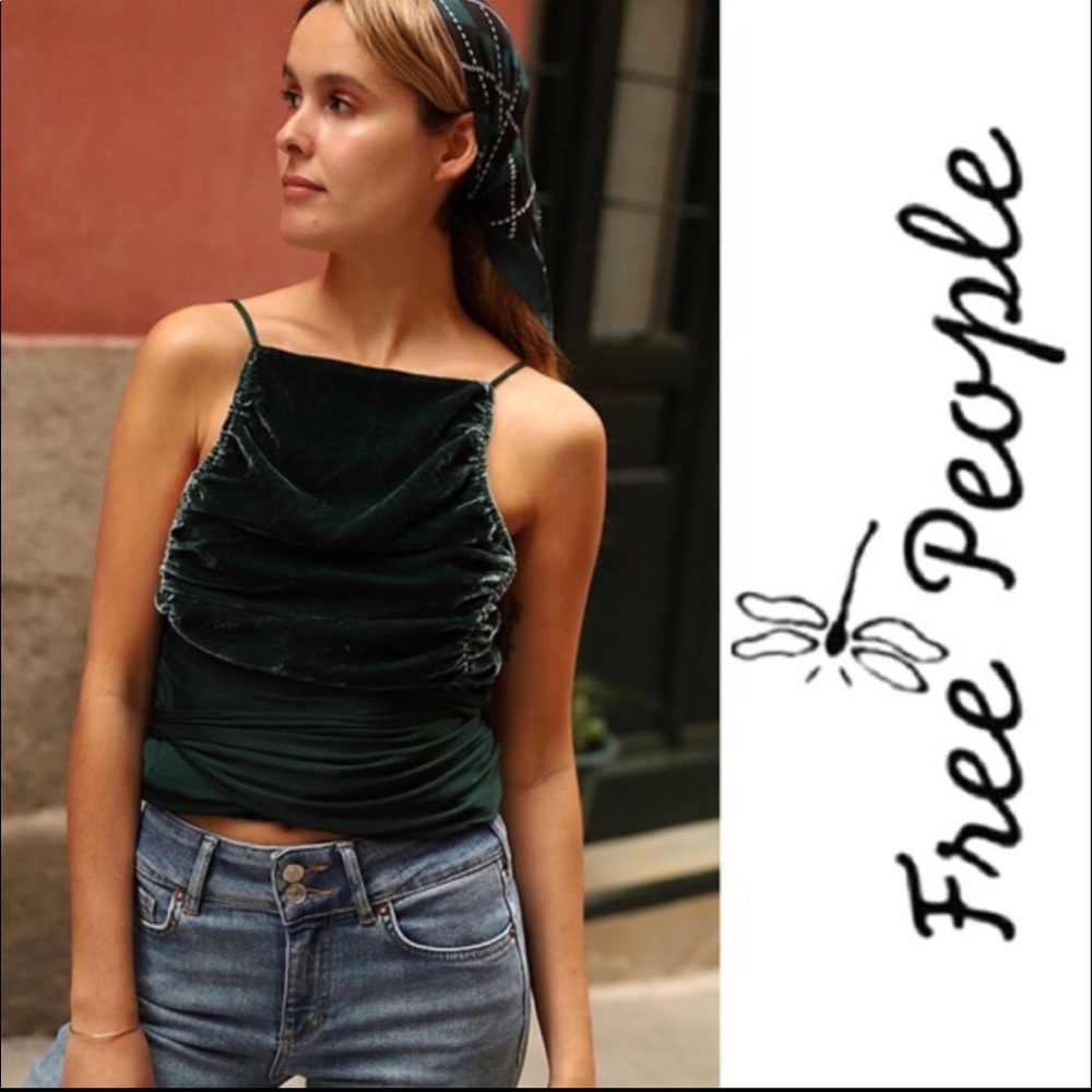 NEW FREE PEOPLE Green "Real Love" Velvet & Silk Tie Top